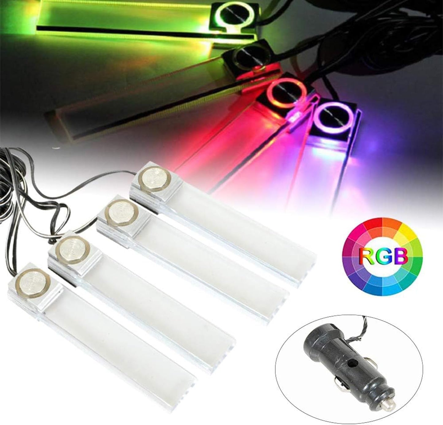 Interior Car Footwell Lights, LED Car Strip Lights, 4 in 1 12V Car Auto Interior LED Atmosphere Lights Floor Decoration Lamp, RGB Light