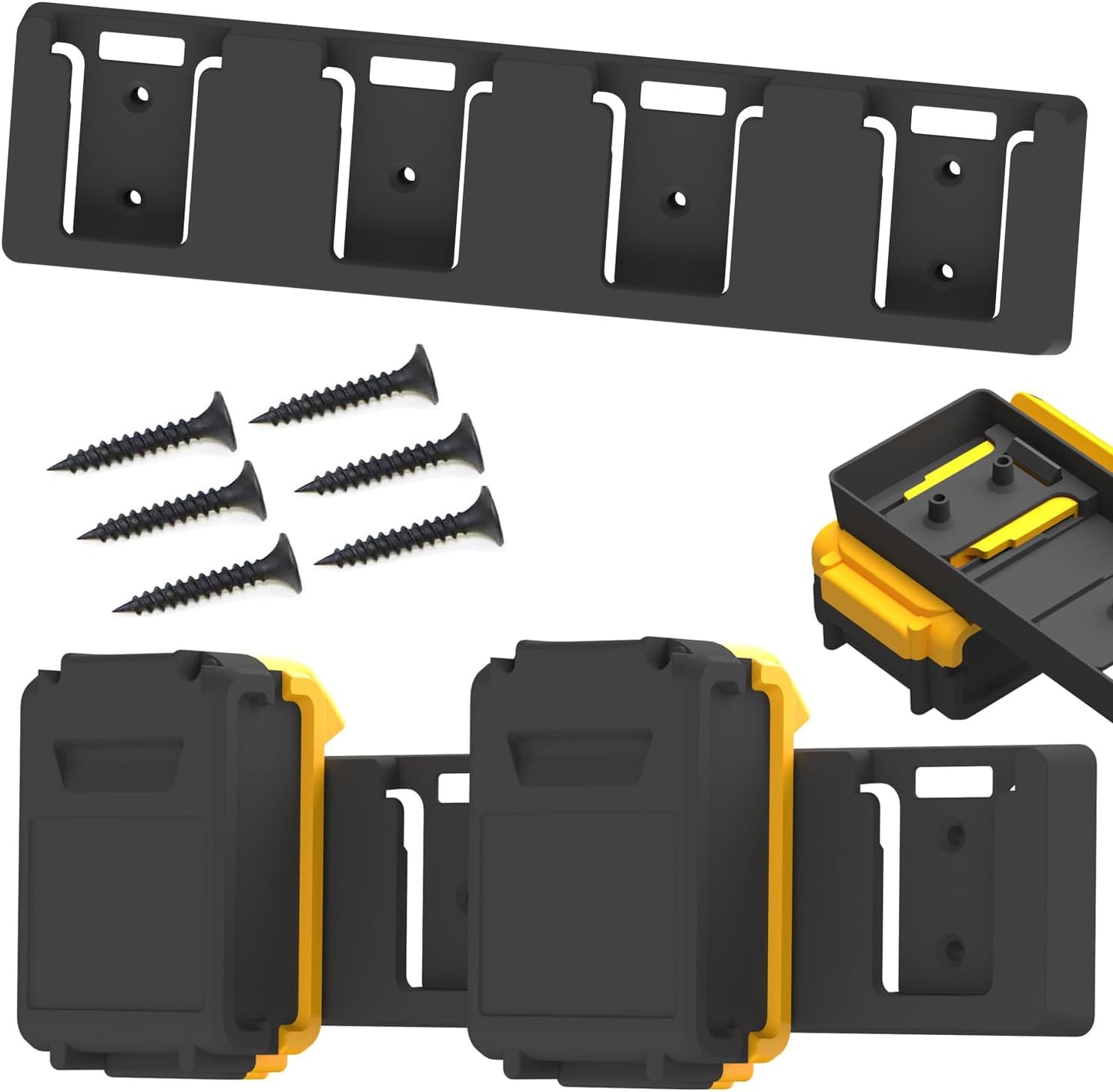 Battery Rack Compatible with DeWalt 20V Battery Holder, Mount 4 Slot Bulk Battery Garage Tool, Tools for Dewallt 20v, Wall Display Hook Holder (Black 1pc)