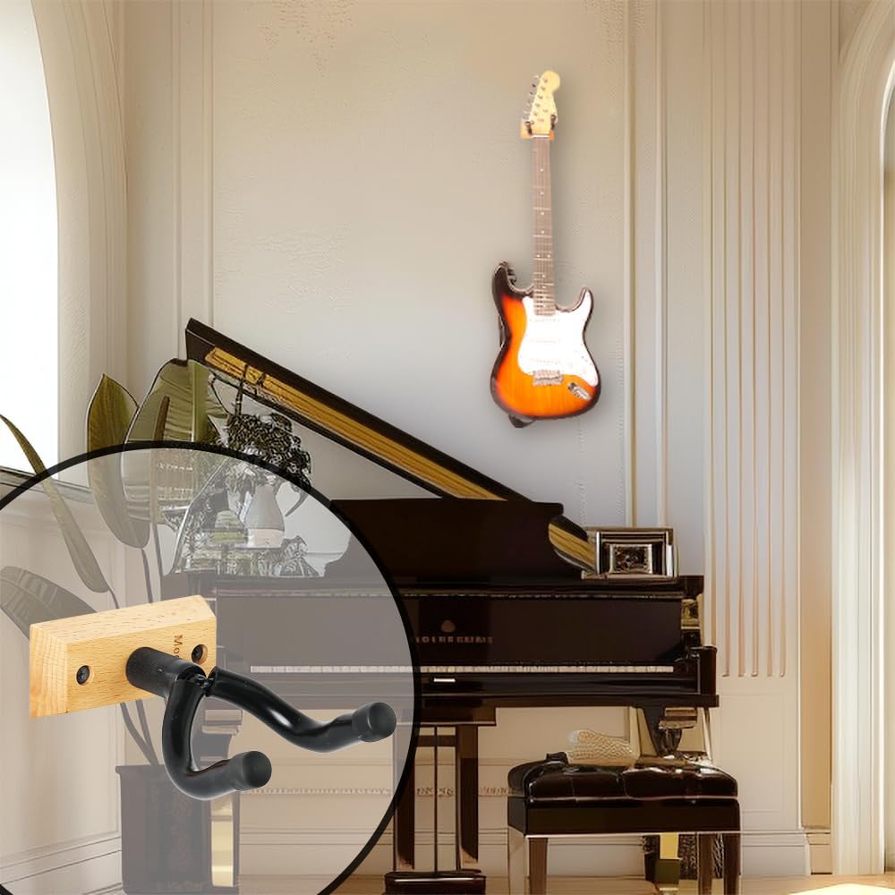 Guitar Wall Mount Hanger, 4-Pack Real Hardwood Guitar Hanger for Wall, Guitar Hook Holder Stand for Bass Electric Acoustic Guitar Ukulele (Beech Wood)