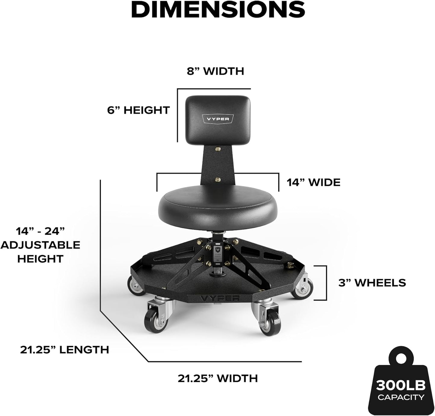 Vyper Robust Steel Sport Shop Chair for Mechanics, Automotive, DIY - 300 lb Capacity Garage Stool with Backrest & Large Wheels (Black Seat, Black Frame)