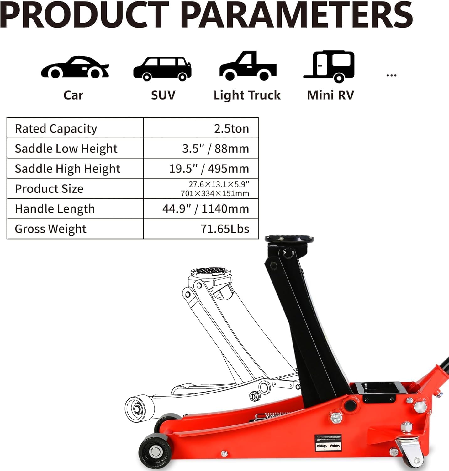 2.5 Ton Low Profile Floor Jack - Heavy Duty With Dual Piston Quick Lift Pump, Steel Car Jack Adjustable Height 3.5"-19.5", Hydraulic Trolley 5000 LBS Capacity, Red