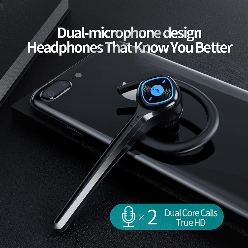 IHAO Wireless Bluetooth Earpiece Headphone Dual Noise Cancelling Mic Painless Open-Ear Handsfree Headset Stereo Sound Left/Right Changeable Earhook Earphones for Driving/Business/Gym