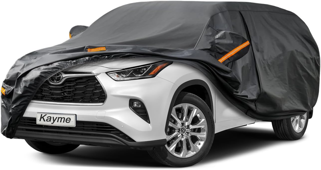 Kayme 7 Layers SUV Car Cover Custom Fit for Toyota Highlander (2013-2025) Waterproof All Weather for Automobiles, Outdoor Full Cover Rain Sun UV Protection.Black