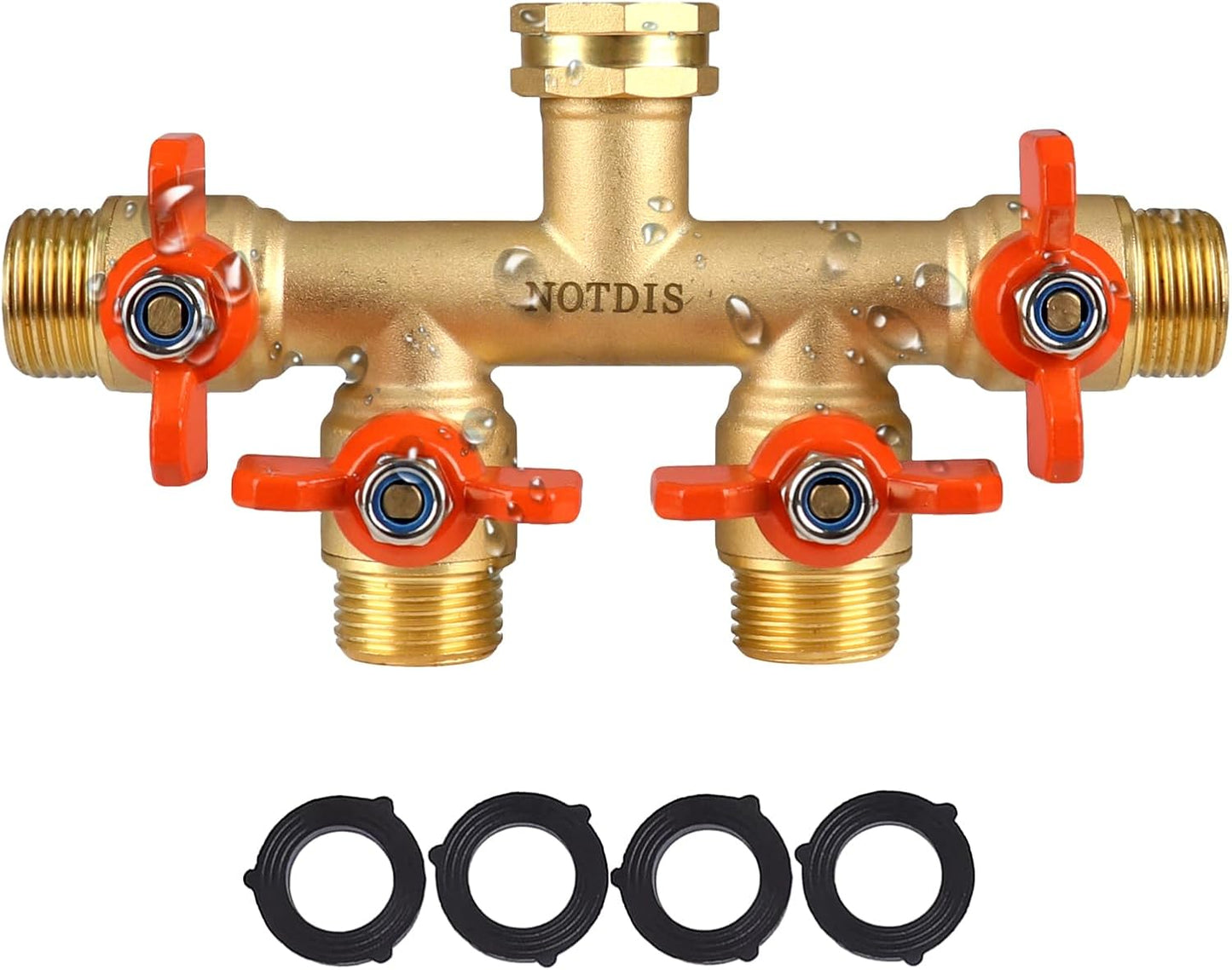 4 Way Brass Hose Splitter Full Flow with Metal Handle - Heavy Duty Spigot Splitter with Shut Off Valve, 3/4"" GHT Garden Tap Connector