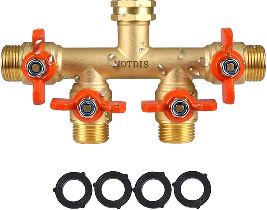 4 Way Brass Hose Splitter Full Flow with Metal Handle - Heavy Duty Spigot Splitter with Shut Off Valve, 3/4"" GHT Garden Tap Connector