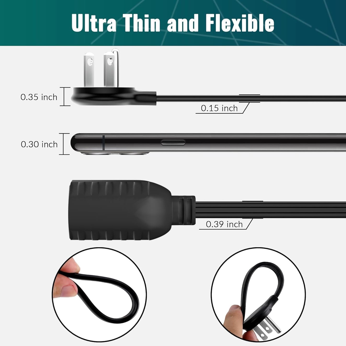 Elecan Flat Plug Extension Cord 4 Ft 2 Pack with Slim Space-Saving Plug Design, Thin Flat Cable Low Profile Power Cord 3 Prong Grounded Wire, 16 Gauge 13 A/125 V-Black-ETL Certified