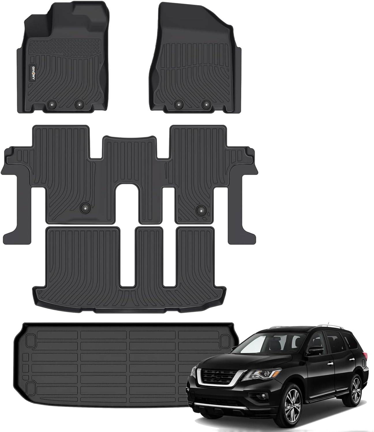 GINOWY-Floor Mats & Cargo Liner for Nissan Pathfinder 2013-2020(7 Passenger), 2014-2020 QX60/ 2013 JX35, Custom Fit TPE All Weather Mats for Pathfinder Car Accessories Black