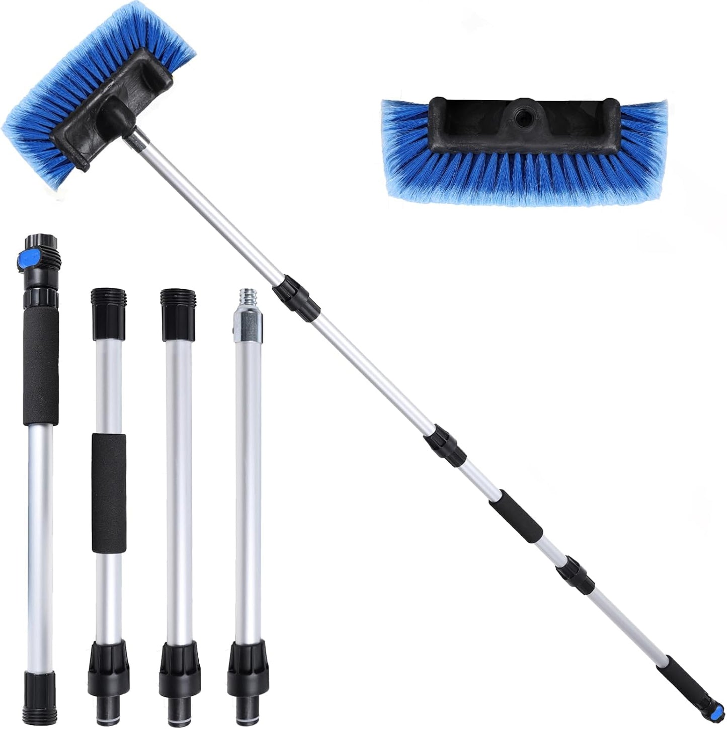 69" Car Wash Brush with Long Handle, Flow-Thru Soft Bristle Car Washing Brush with Extendable Handle and Hose Attachment for Car, RV, SUV, Truck, Boat, House Siding, Solar Panels, Blue