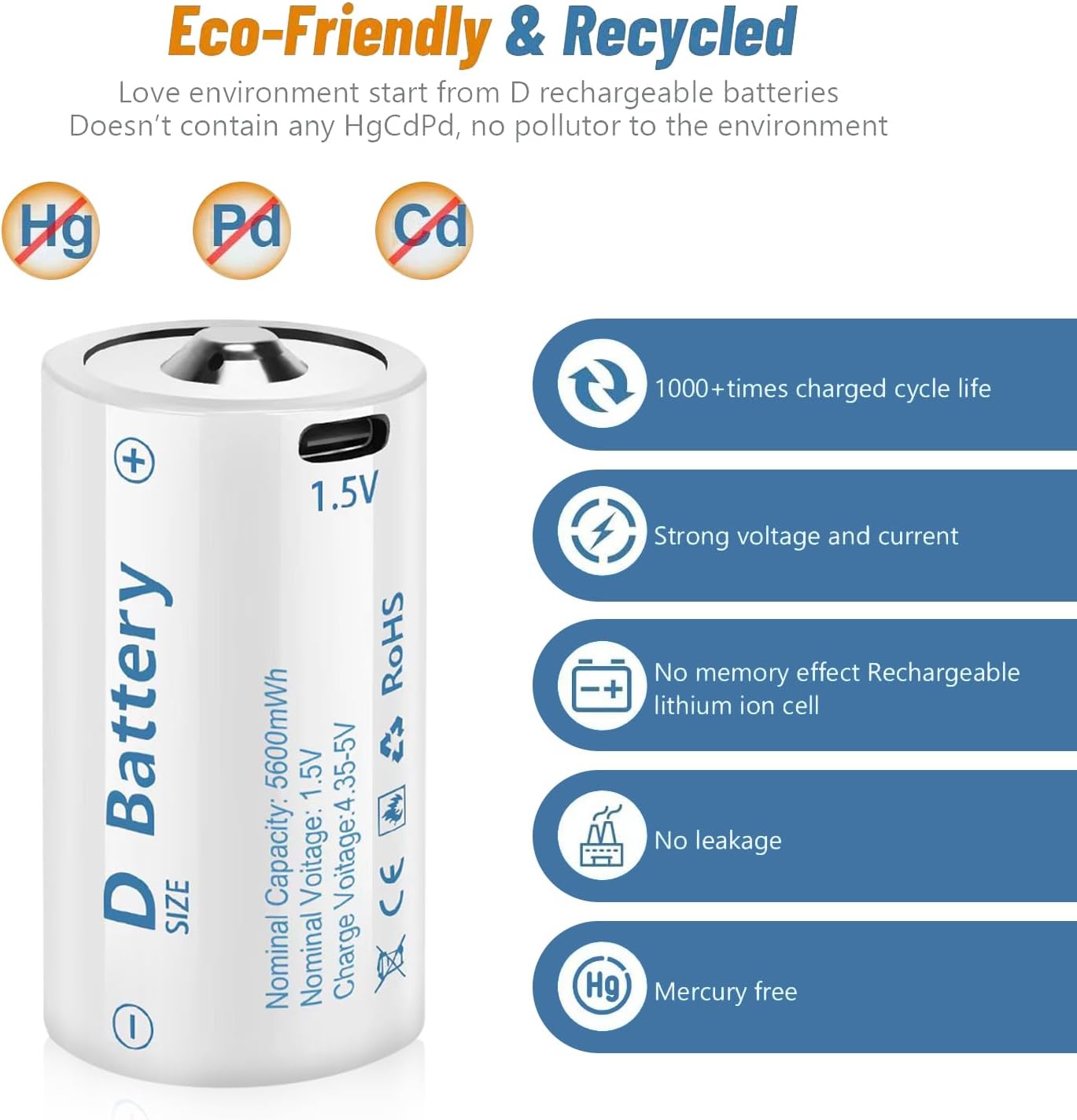 1.5V D Size Cell Battery for Flashlight Toys & floodlight,Lithium D Batteries Rechargeable 8 Pack, Rechargeable D Size Batteries with USB-C 4 in 1 Charging Cable.