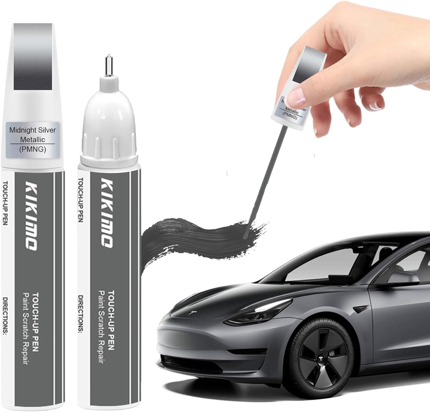 KIKIMO for Tesla Touch Up Paint(Midnight Silver Metallic(PMNG)), Car Paint Repair Kit for Tesla Model Y/3/S/X, 2 In 1 Scratches Repair with Pen Tip and Brush, Color-Matched for Quick & Easy Fix
