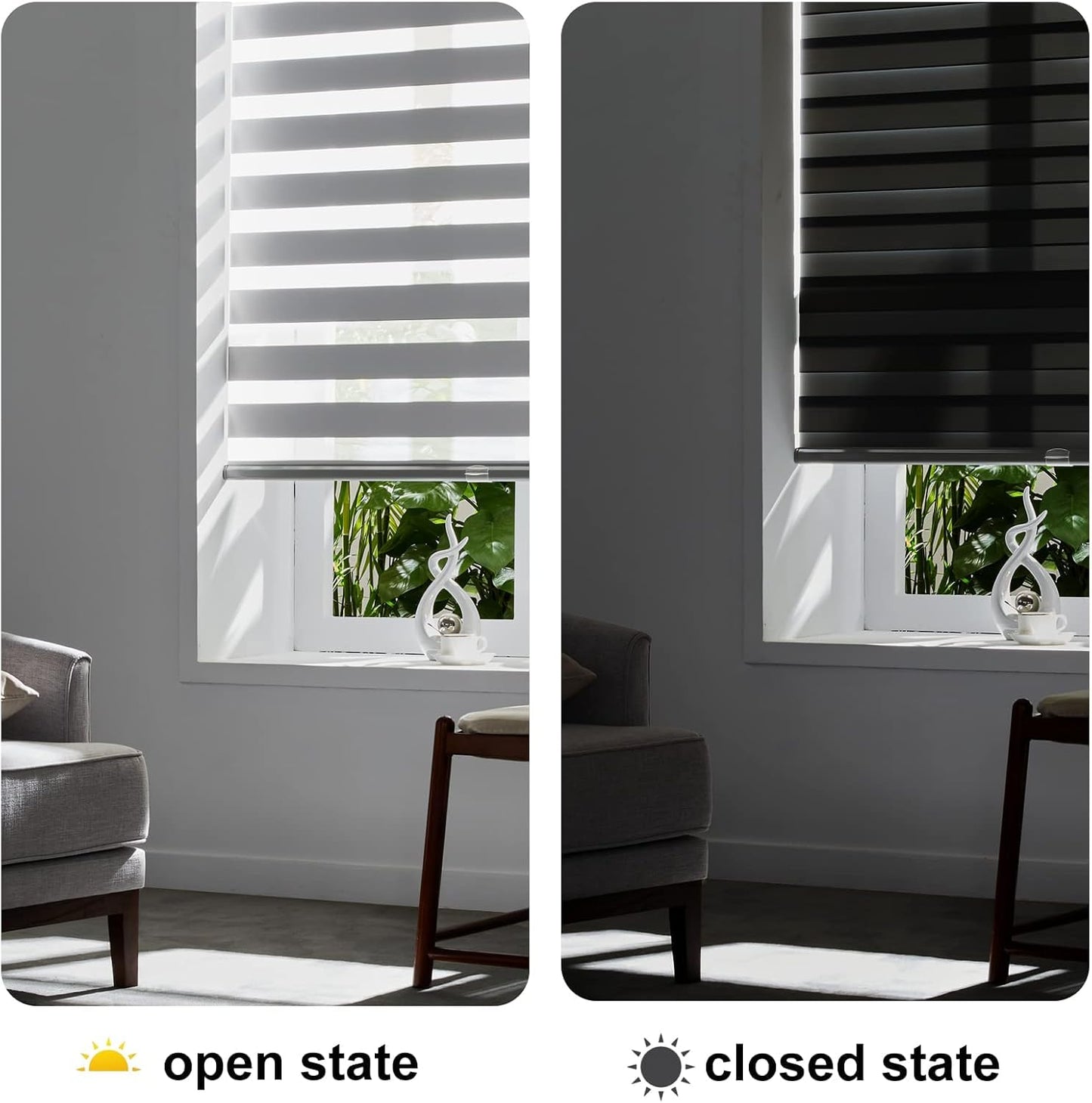 Persilux Custom Size Cordless Zebra Blinds for Windows Free-Stop Roller Windows Shades Dual Layer Light Control for Day and Night, Light Filtering Sheer Shades for Home and Bedroom Grey