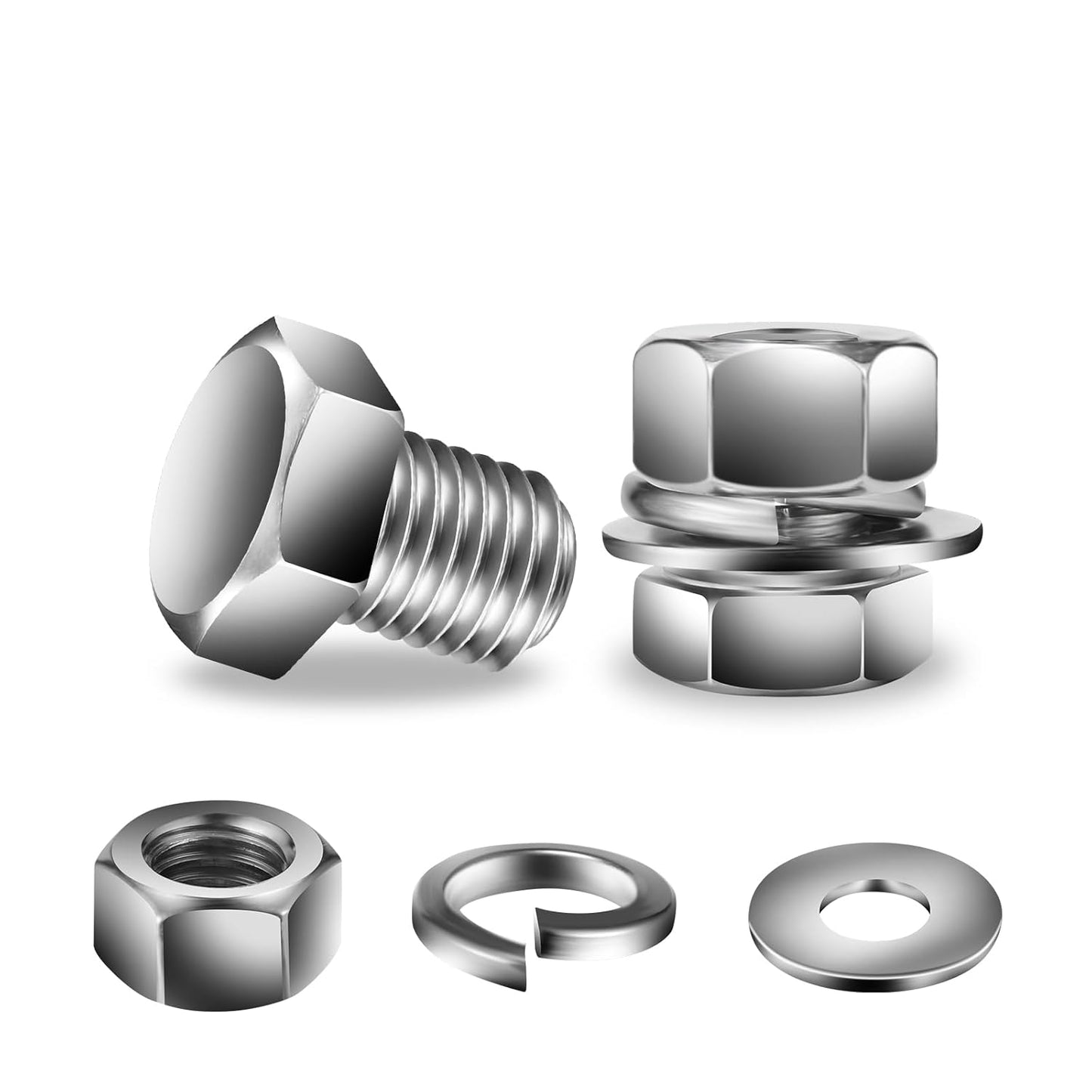 1/4-20 x 1/2" Hex Head Screw Bolt, Nuts, Flat & Lock Washers, 20Pcs 18-8 (304) Stainless Steel, Fully Threaded, by SG TZH