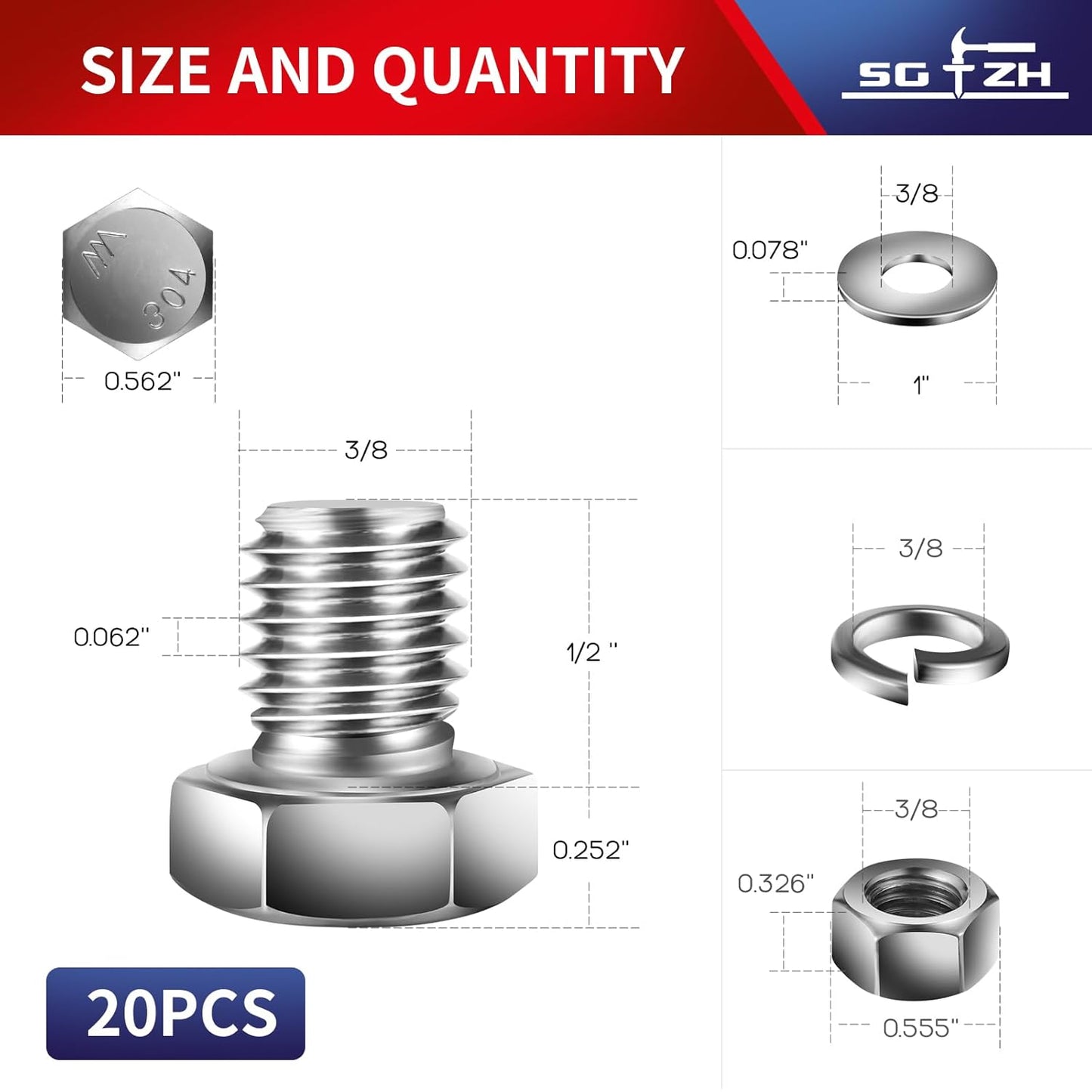 3/8-16 x 1/2" Hex Head Screw Bolt, Nuts, Flat & Lock Washers, 20Pcs 18-8 (304) Stainless Steel, Fully Threaded, by SG TZH