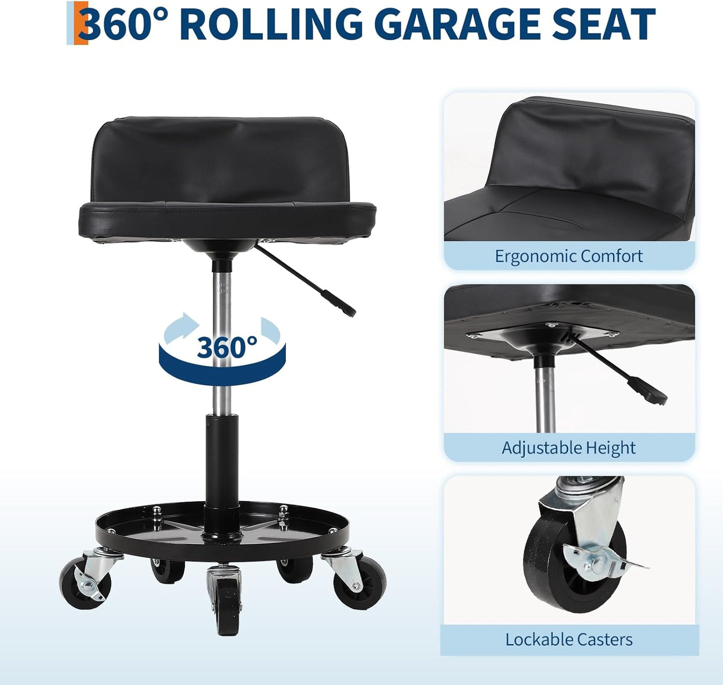 Garage Stool, 16”-21” Adjustable Rolling Mechanic Stool with Universal Wheels, Removable Magnetic Tool Tray, 300LBS Capacity, Roller Creeper Seat, Shop Chair