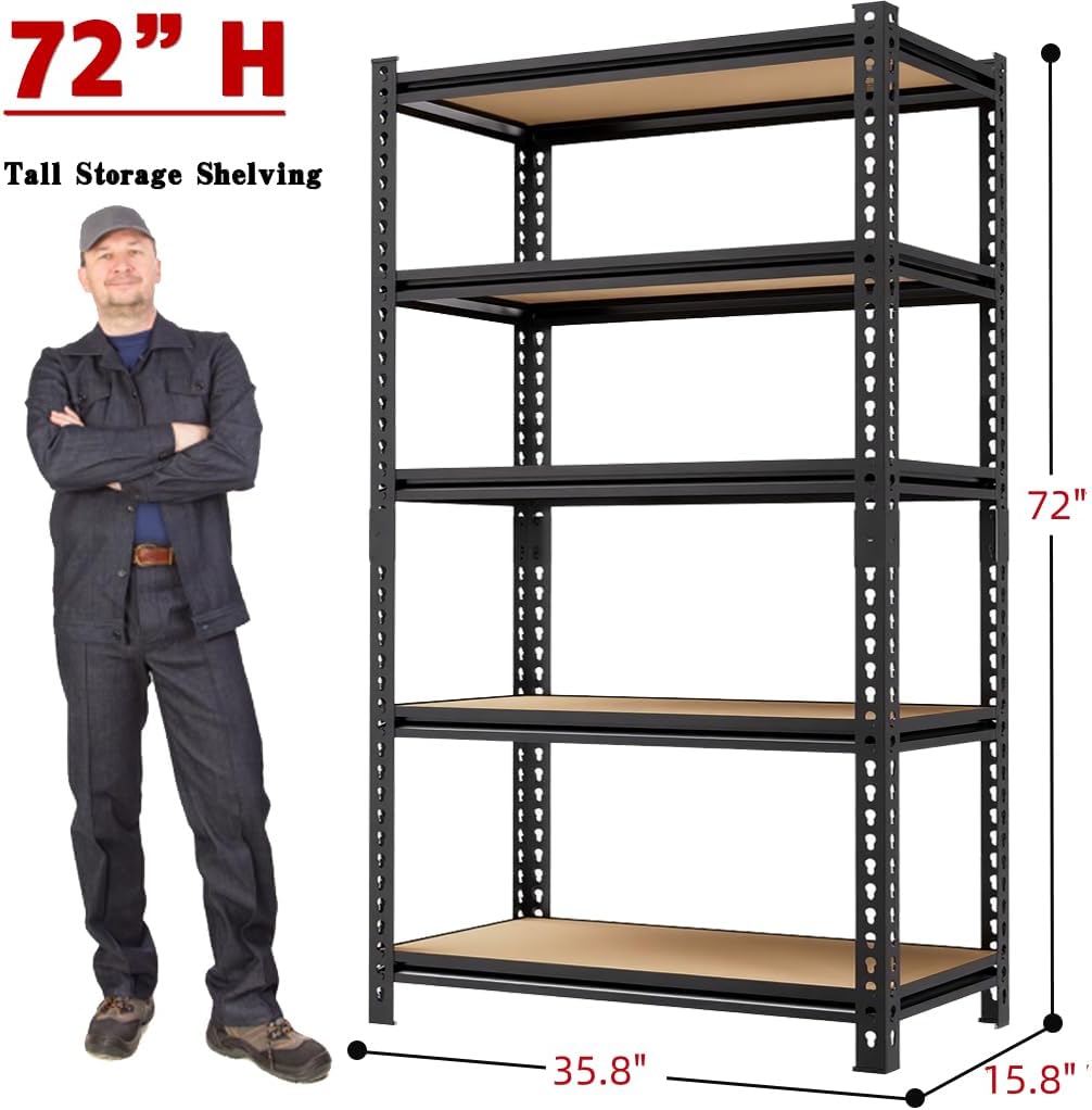 2000LBS Storage Shelves 5 Tier Garage Shelving Heavy Duty, Adjustable Metal Shelving Unit, Garage Shelves for Basement, Warehouse, Pantry, 72" H x 35.8" W x 15.8" D, Black