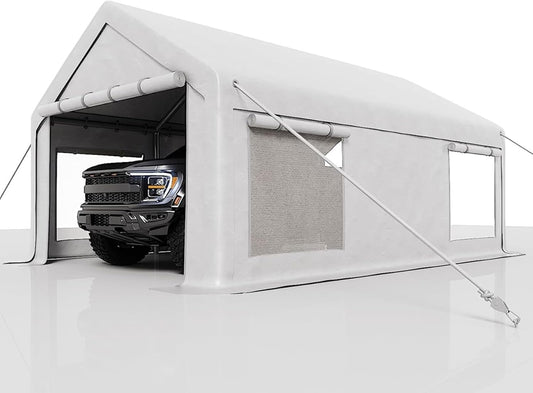 12 x 20FT Heavy Duty Carport with Roll-Up Windows, Portable Garage with Removable Sidewalls & Doors, Portable Car Tent Garage with Roll-Up Windows and All-Season Tarp, for Car, Truck,