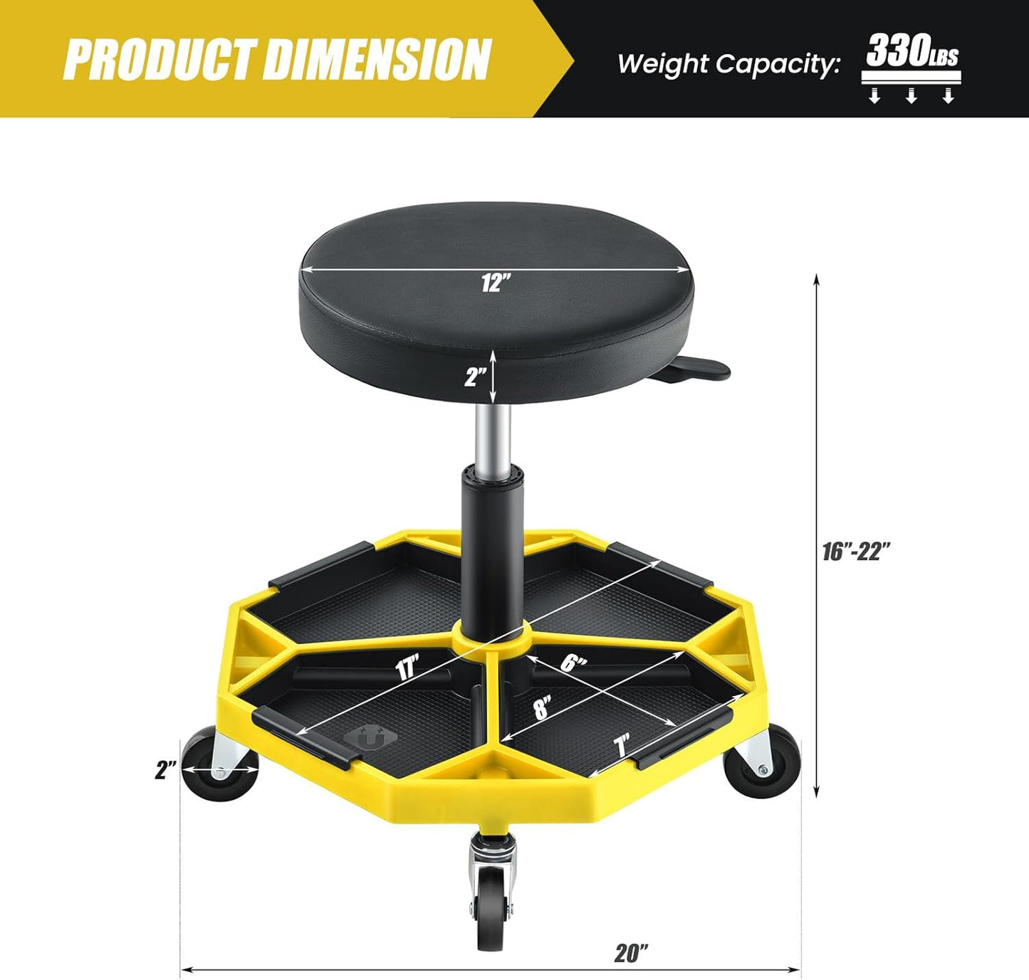 IRONMAX Rolling Mechanic Stool, Adjustable Shop Stool Creeper Seat with Removable Tool Tray, Padded Plush Cushion, Universal Wheels, Heavy Duty Metal Frame, 330 LBS Max Load (Yellow)
