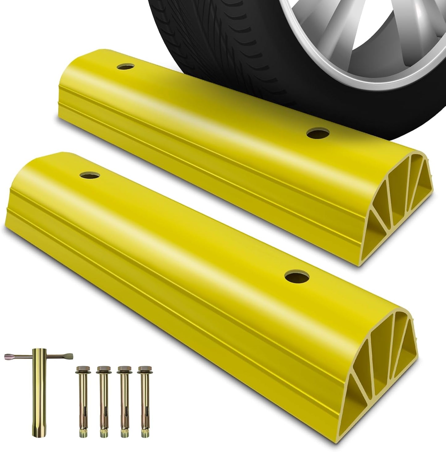 ROBLOCK 22" Parking Stopper for Home Garage & Outside, Heavy Duty Garage Stoppers for Protecting Your Vehicle, Parking Aids for New Drivers, Wheel Stops for Cars, Vans, Trailer, 2 Packs, Yellow