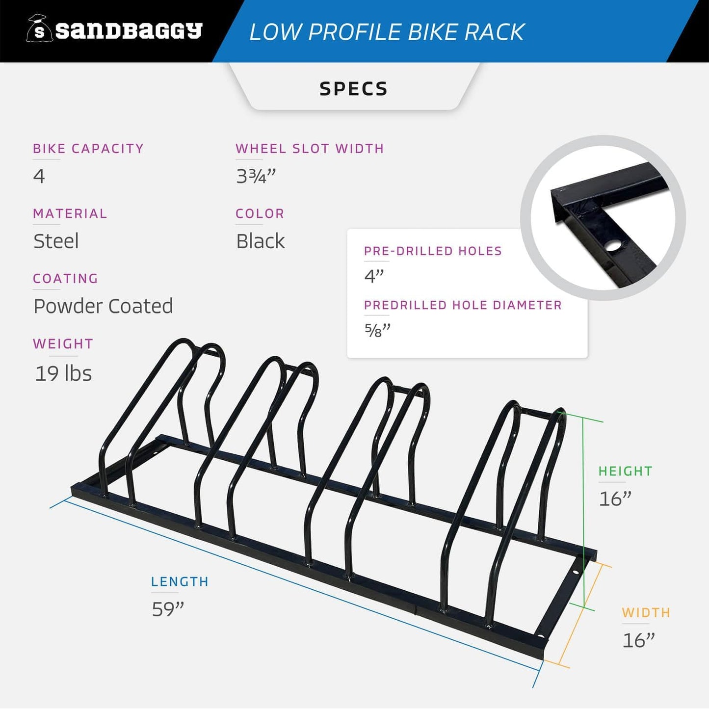 Sandbaggy Commercial Low Profile Bike Rack - Outdoor, Surface Mount, Steel - 4 Bike (4 Capacity (Low-Profile), 10)
