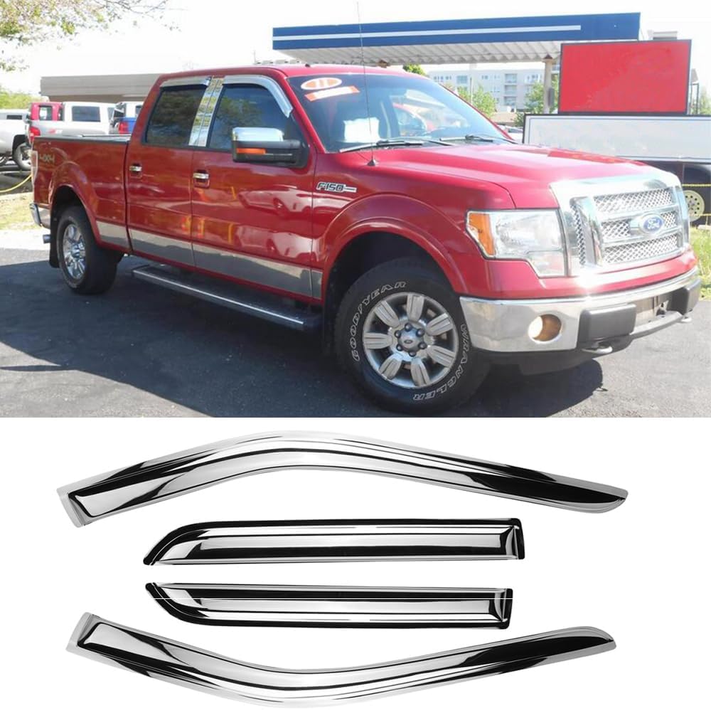 94155Y Chrome Side Window Visor Wind Vent Deflector fit for 2009-2014 ford F150 Supercrew/Crew cab with 4 Full Size Doors,4pc Outside Mount Style Shade Sun Rain Guards Set
