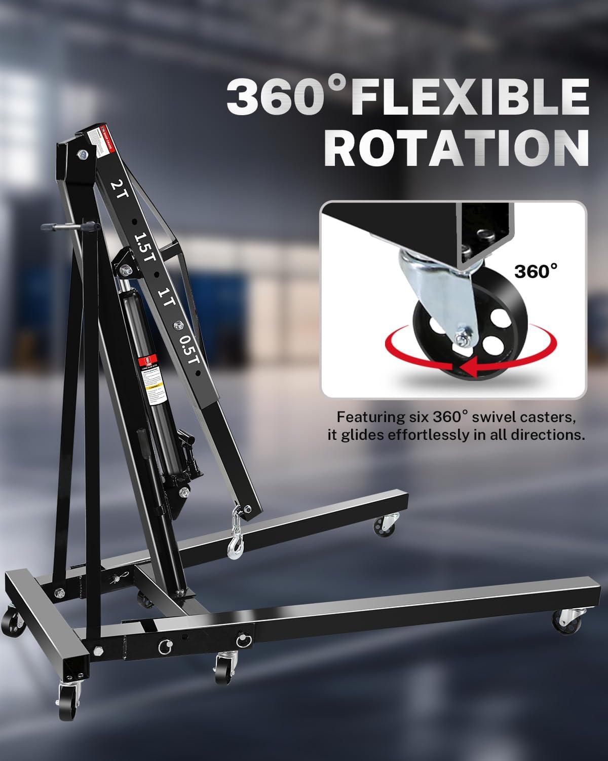 2-Ton Folding Engine Hoist with Lever, Hydraulic Shop Crane with 6 Swivel Wheels & Adjustable Boom (0.5T-2T), Heavy-Duty Cherry Picker for Garage, Workshop, Truck, Farm (Net Wt. 168 lbs)