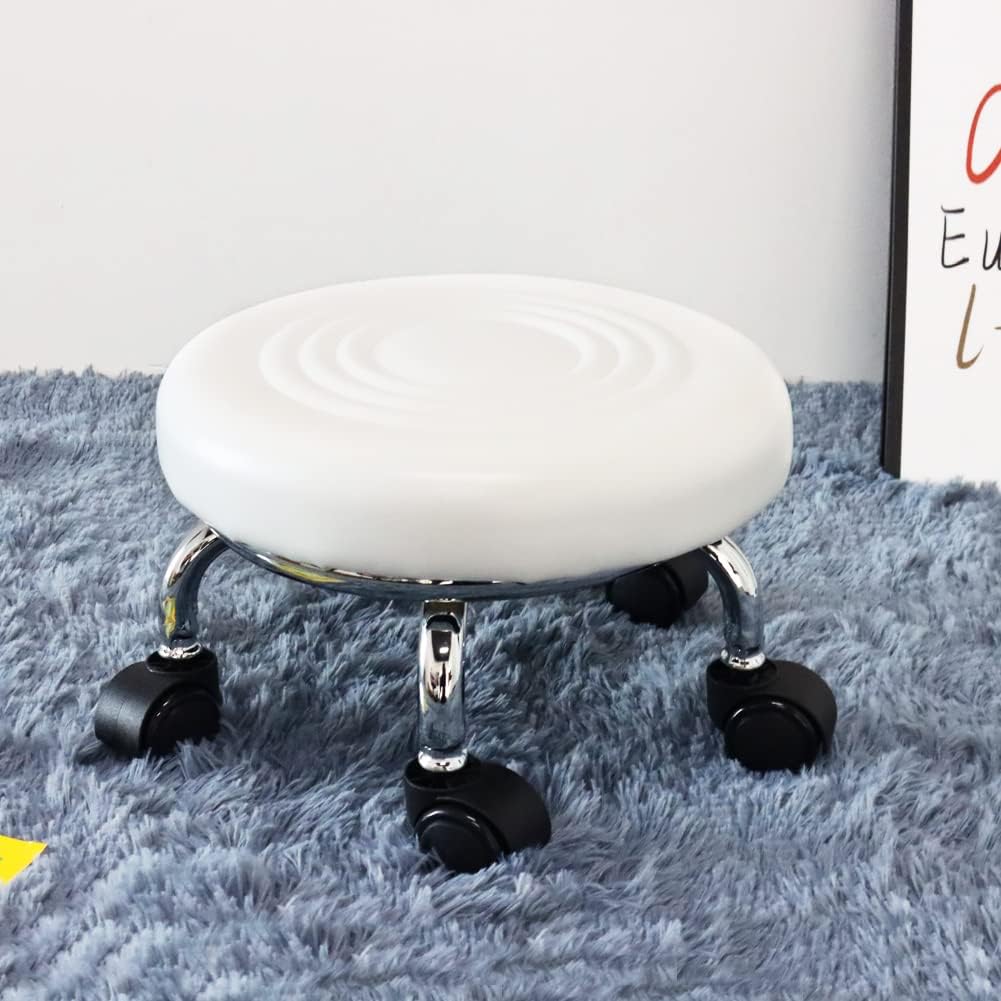 Modern PU Leather Low Round Rolling Stool - 360 Swivel with Universal Caster Wheels, Small Stool for Home Office, Garage, Shop, Fitness, Sport - H:8.4' White