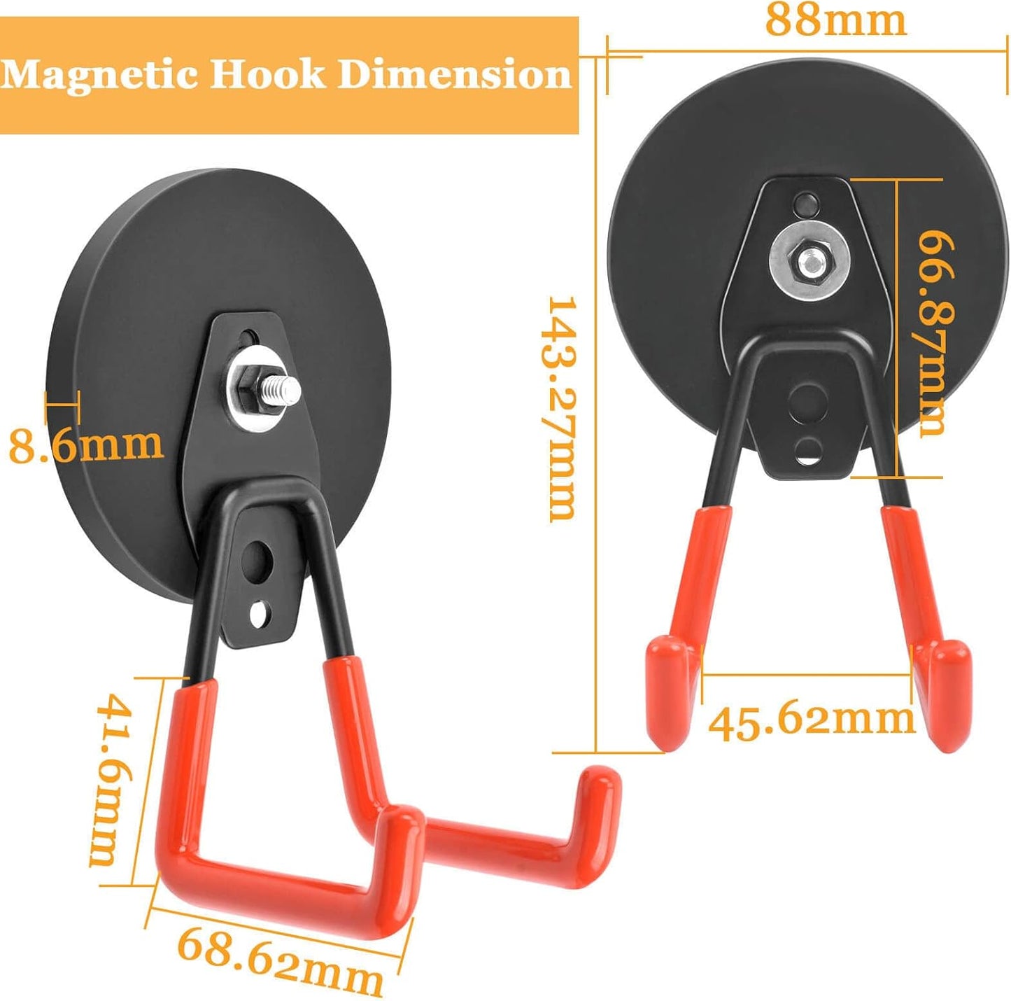 Strong Garage Magnetic Hooks, 45 lbs Pulling 3.46" Large Magnet Hooks for Hanging Heavy Duty, 2 Pack Extra Strong Magnetic Hooks with Anti-Slip Coating, for Cordless Drills, Pegboard, Cruise Cabin