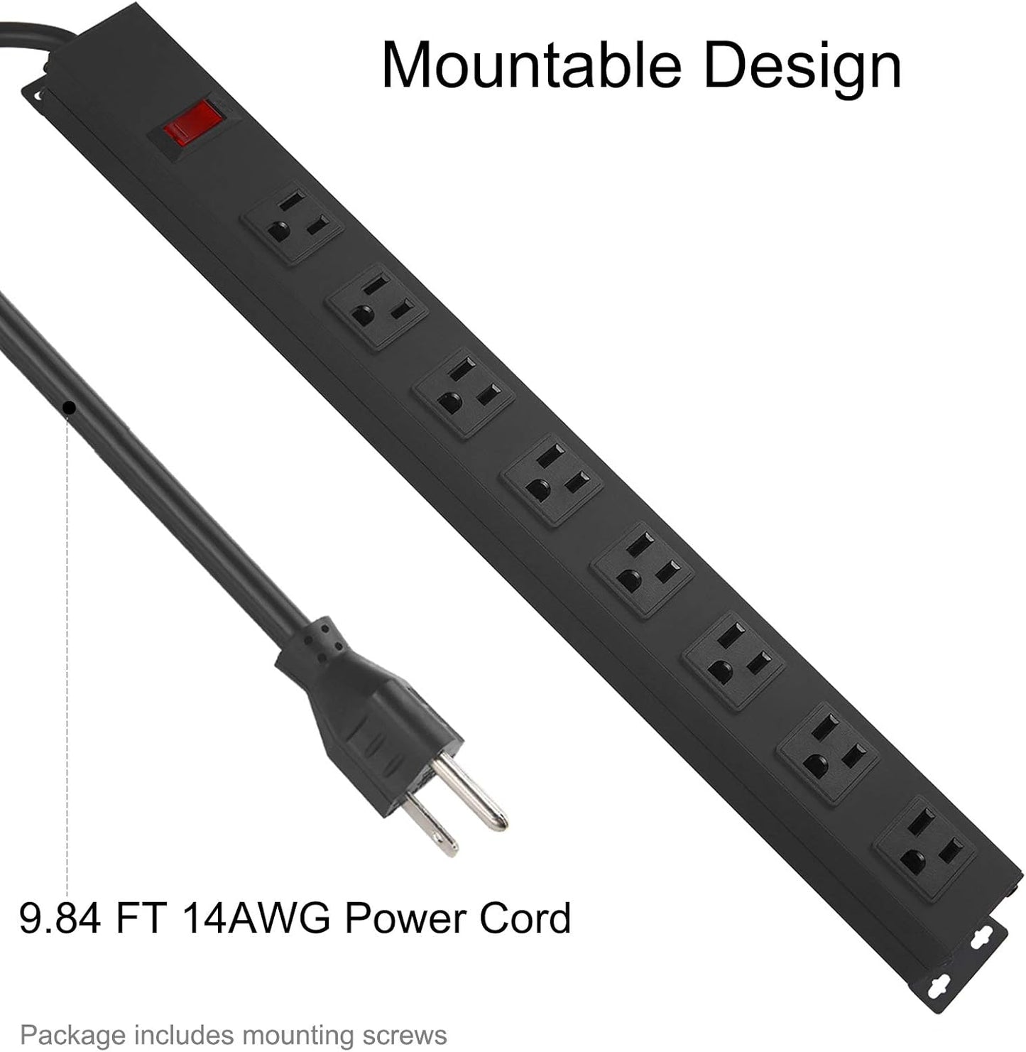 HHSOET Metal Wide Spaced Power Strip, 8 Outlets, Black, 1200J Surge Protector, 15A, 125V, 60Hz, 1875W