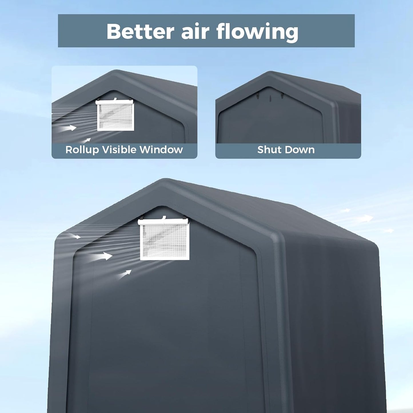 GREEN PARTY Storage Shelter Shed, 6x10 ft Portable Shed Outdoor Carport with Roll-up Zipper Door & Vents, Outdoor Storage Shed Portable Garage for Motorcycle, Bike, Waterproof & UV Protected, Gray