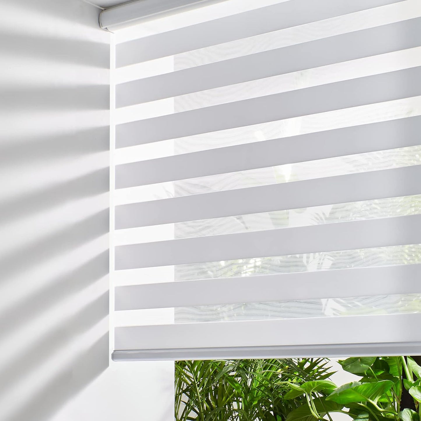 Persilux Cordless Zebra Blinds for Windows Free-Stop Roller Shades for Windows (15" W x 47" H, White) Dual Layer Room Darkening Roller Blinds for Home, Office and Kitchen