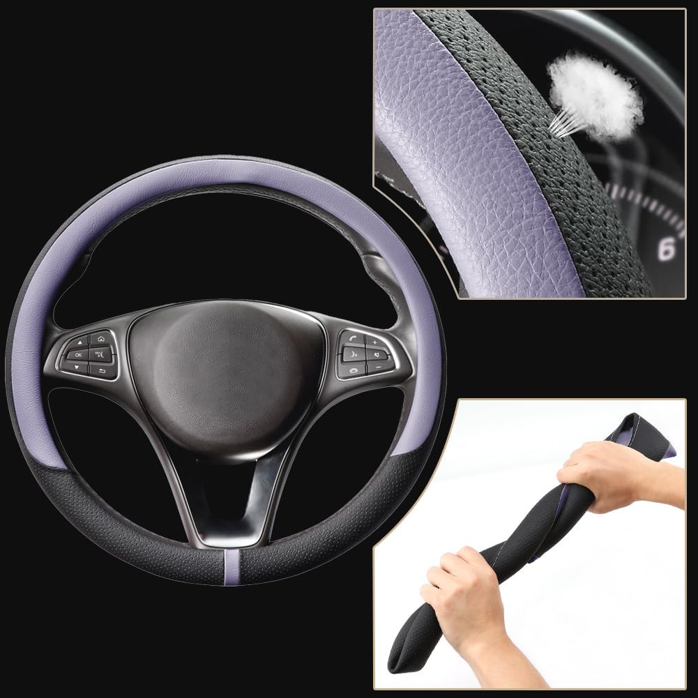 COFIT Breathable Car Steering Wheel Cover 15 inch Auto Universal Leather Wrap Non-Slip Steeringwheel Protector Automotive Interior Accessories, Purple (Suit for 14.5-15 inch)