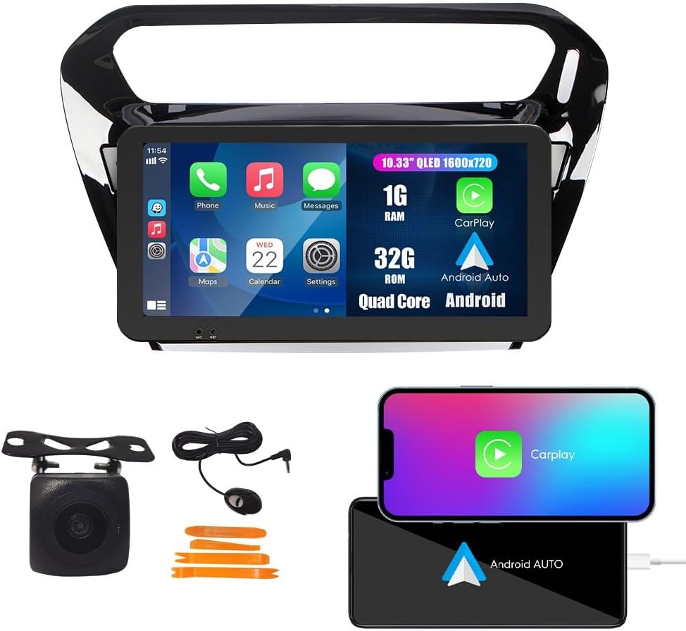 Kunfine Car CarPlay Android Auto Navigation Stereo GPS Radio Camera Display 10.33" QLED Touchscreen Headunit Tablet Media Player for Peugeot 301 2013-2022, if Applicable Quad Core 1G+32G Gloss Black