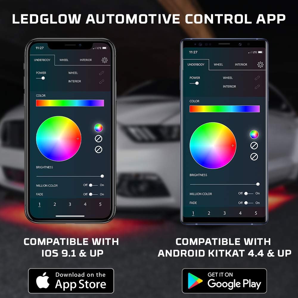 LEDGlow 4pc Bluetooth Million Color LED Underbody Underglow Accent Neon Lighting Kit for Cars - Smartphone App - Courtesy Lights - Create Any Color - 16 Modes - Water Resistant Tubes - Control Box