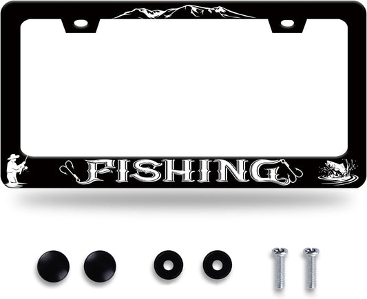Fishing License Plate Frame Personalised License Plate Stainless Steel Funny Fish License Plate Holder for Men Women Universal Black Car Accessories Decoration 12.3" x 6.3"