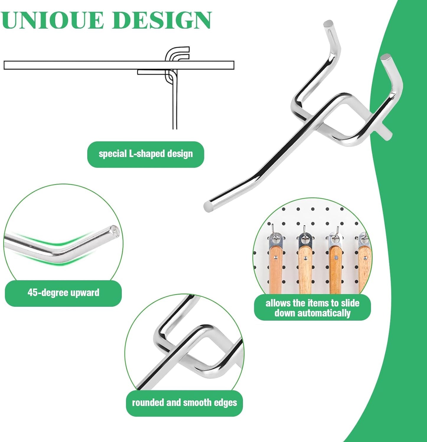 50Pcs 2"/5CM Pegboard Hooks Assortment Set, Metal Peg Board Hooks with 2.5mm Hole Pitch 4mm Wire Diameter Slatwall Hanging Hook for Garage Organization Wall Hanging (Silver)