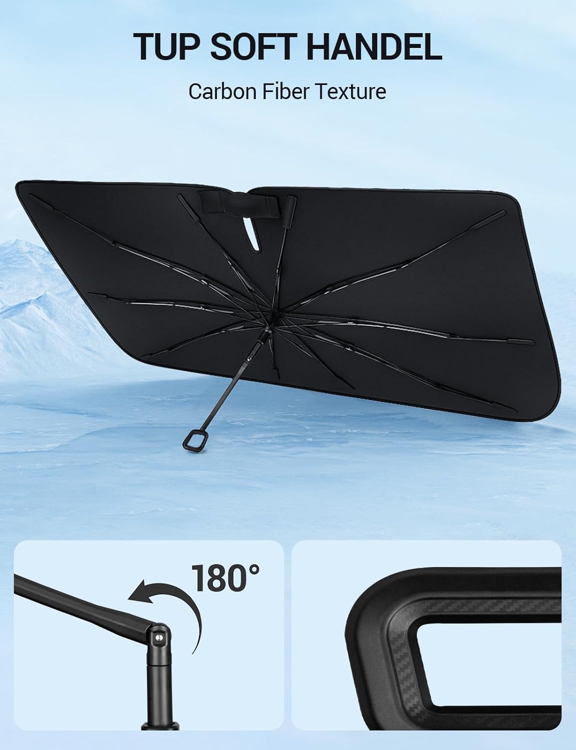 Proadsy Windshield Sun Shade Umbrella for Volvo XC90 2016-2025 2026 Foldable Car Umbrella Sunshade with Soft TPU Handle Spring Structure Crystal Cooling Material Protect Car from Rays & Heat