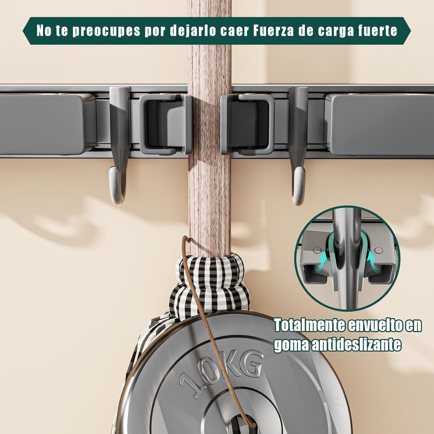 Broom Holder Wall Mount Movable Hooks and Clips Mop and Broom Hanger Wall Mounted Aluminum Garage Tool Organizer Storage adhesive (30cm, Grey)