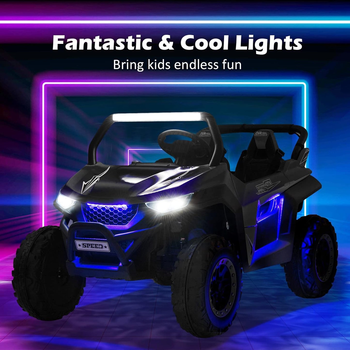 Costzon 2-Seater Ride on Car for Kids, 12V Kids' Electric Vehicles w/Remote Control, 4 Shock Absorbers, Wireless Music & FM, 3 Speeds, Ambiance Lights, Electric UTV, Kid Car Toy for Boys, Girls(Black)