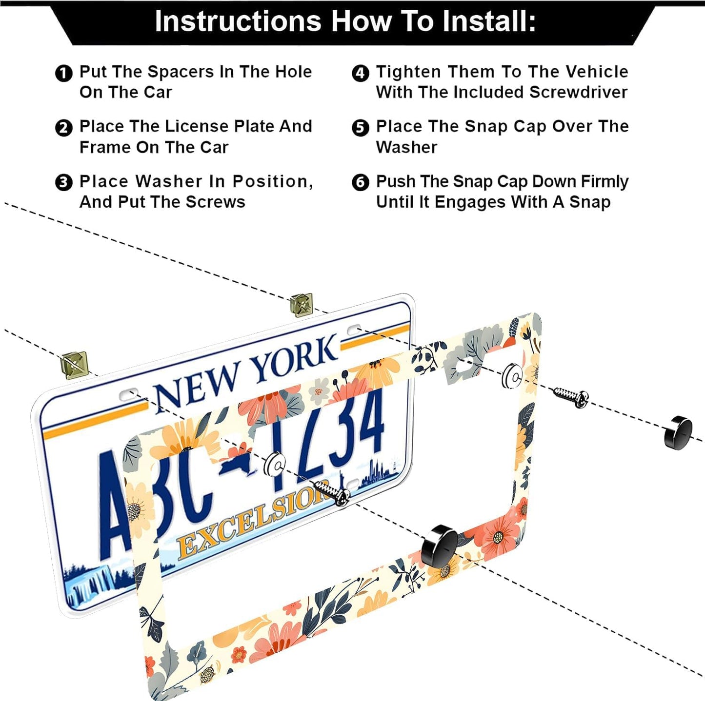 Colorful Floral Flowers License Plate Frames - 2 Pcs Set 2 Holes Stainless Steel Metal Auto Car Accessories Decoration License Plate Frame Cover Size 6.3" x 12.2" Fit US Vehicles for Women Men Gift
