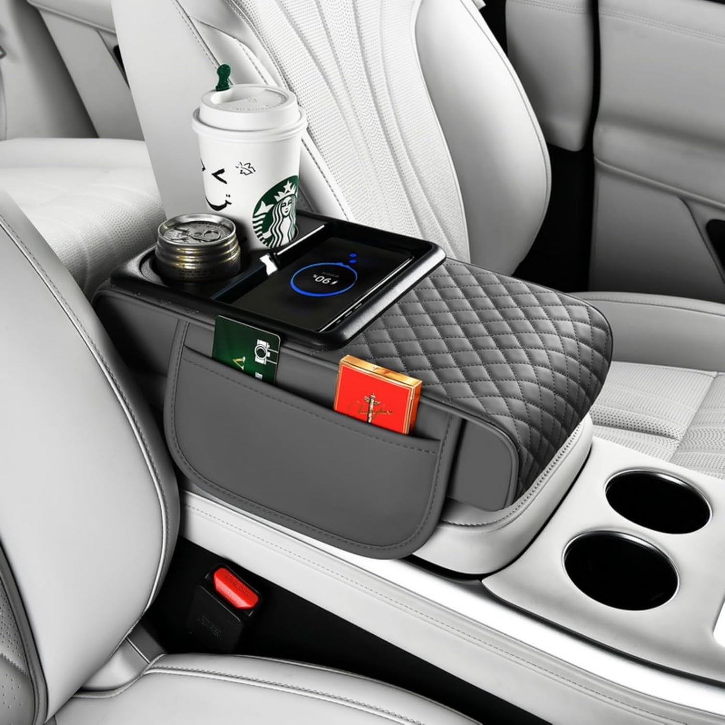 Upgrade Arm Rest Cover for Car, 5-in-1 Middle Console Cover Cushion Pad with Cup Holders & Side Pockets, Center Armrest Storage Box, Gray