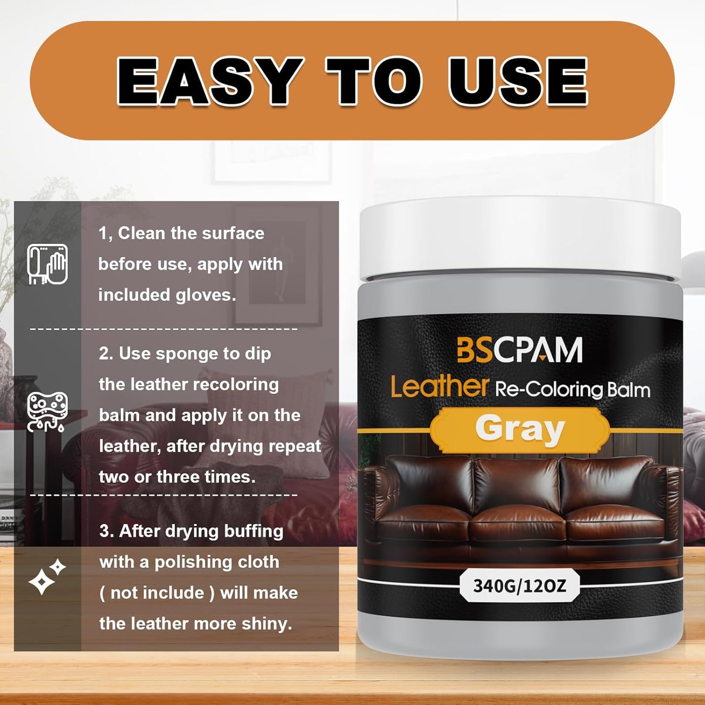 Gray Leather Recoloring Balm, 12oz Leather Color Restorer for Couches, Leather Repair Kit for Furniture, Leather Dye for Leather Fade, Leather Repair Restore car seat