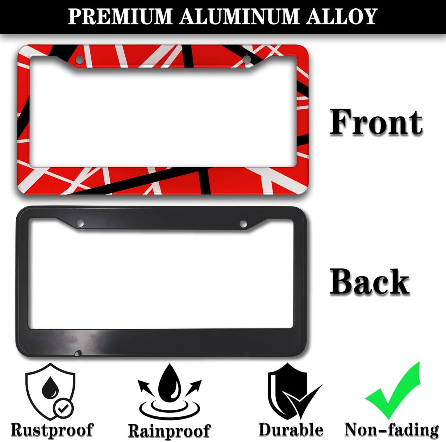 Automotive Exterior Accessories Red, Black, White License Plate Frames Rock Guitarist Red Black White Stripes Aluminum Metal Car Accessory 2 Pack with Screw Covers Set