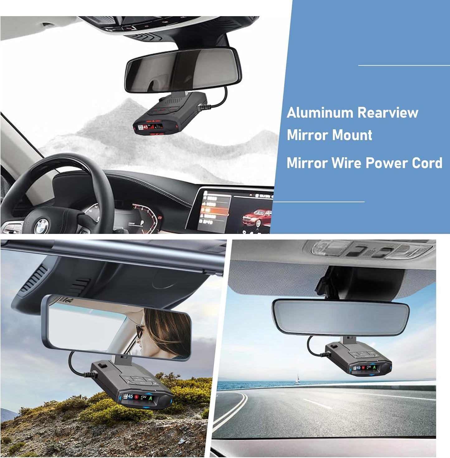 Radar Detector Mount,Rearview Mirror Rod Radar Mounting Bracket+Rearview Mirror Hard Wire Power Cord kit16,with Inline Fuse (for Radar Base with EZ Magnet Connection)