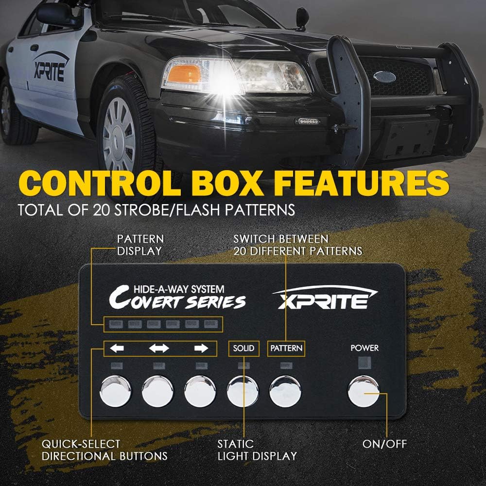 Xprite White Amber LED Hideaway Strobe Lights Kit 20 Flashing Patterns w/Control Panel Headlights Taillights Fog Marker Light Mounting, for Construction Emergency Vehicles Trucks SUV Vans Cars 6 PCs