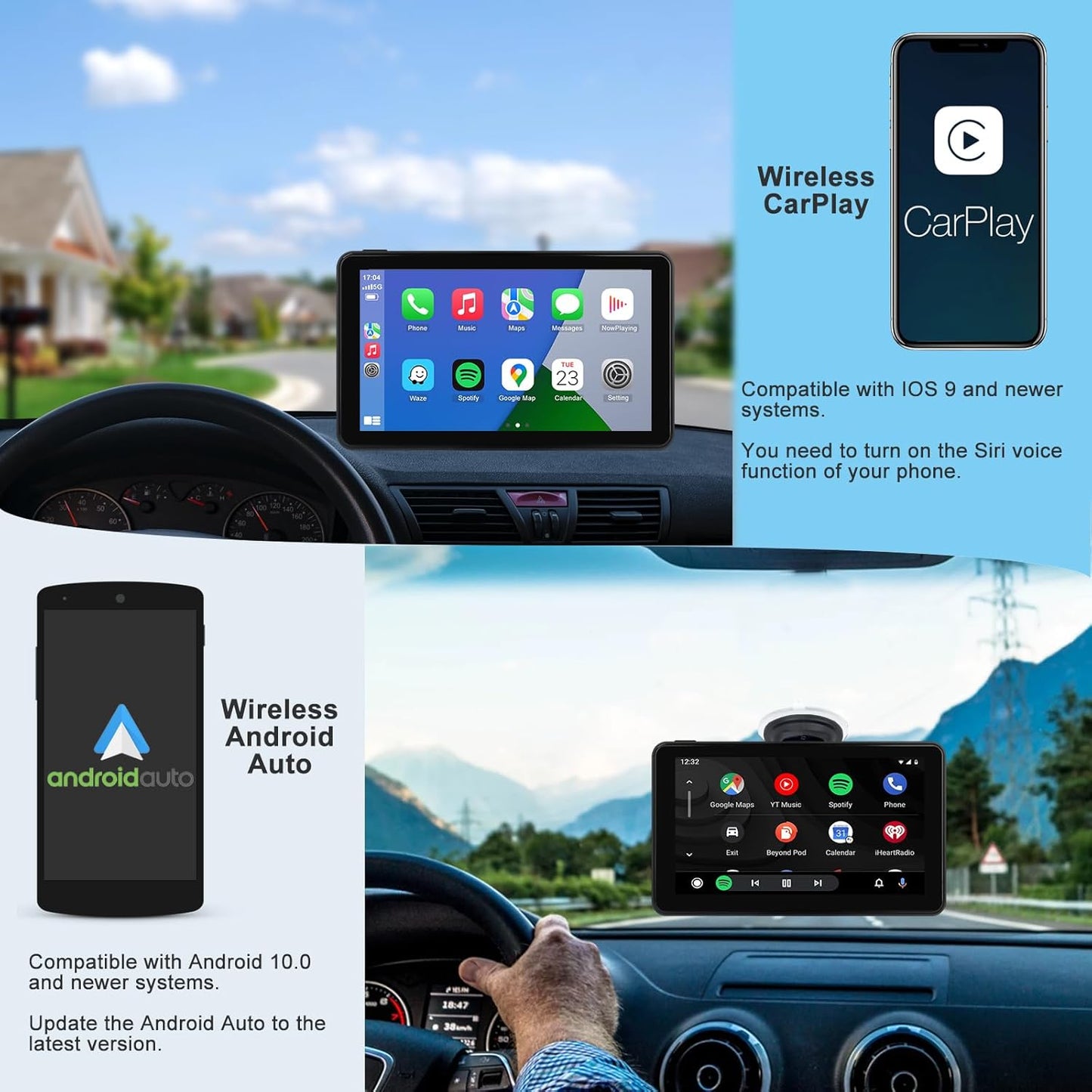 Compatible Wireless Apple CarPlay Android Auto Car Screen, 720P Back Camera 7″ Touch Screen Car Music Video Player Portable GPS Naivgation Bluetooth Mirror Link, Siri, AirPlay, Voice Assistant