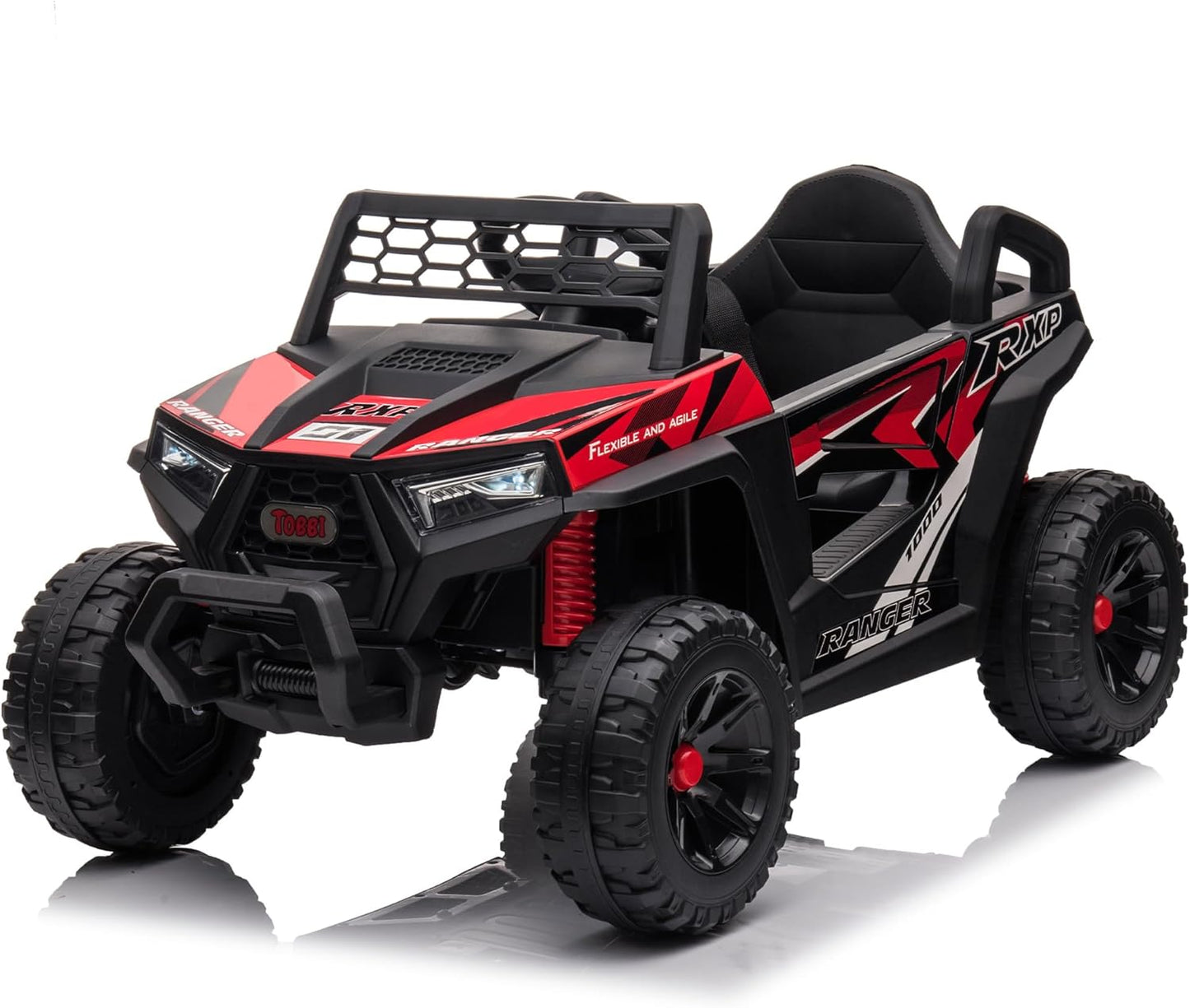 TOBBI 12V Kids Ride on Car, Electric Off-Road UTV Truck with Forward and Reverse Functions, Double Open Doors, Safety Belt, Horn, Music, and Lights for Kids Aged 3-5 Years (Red)