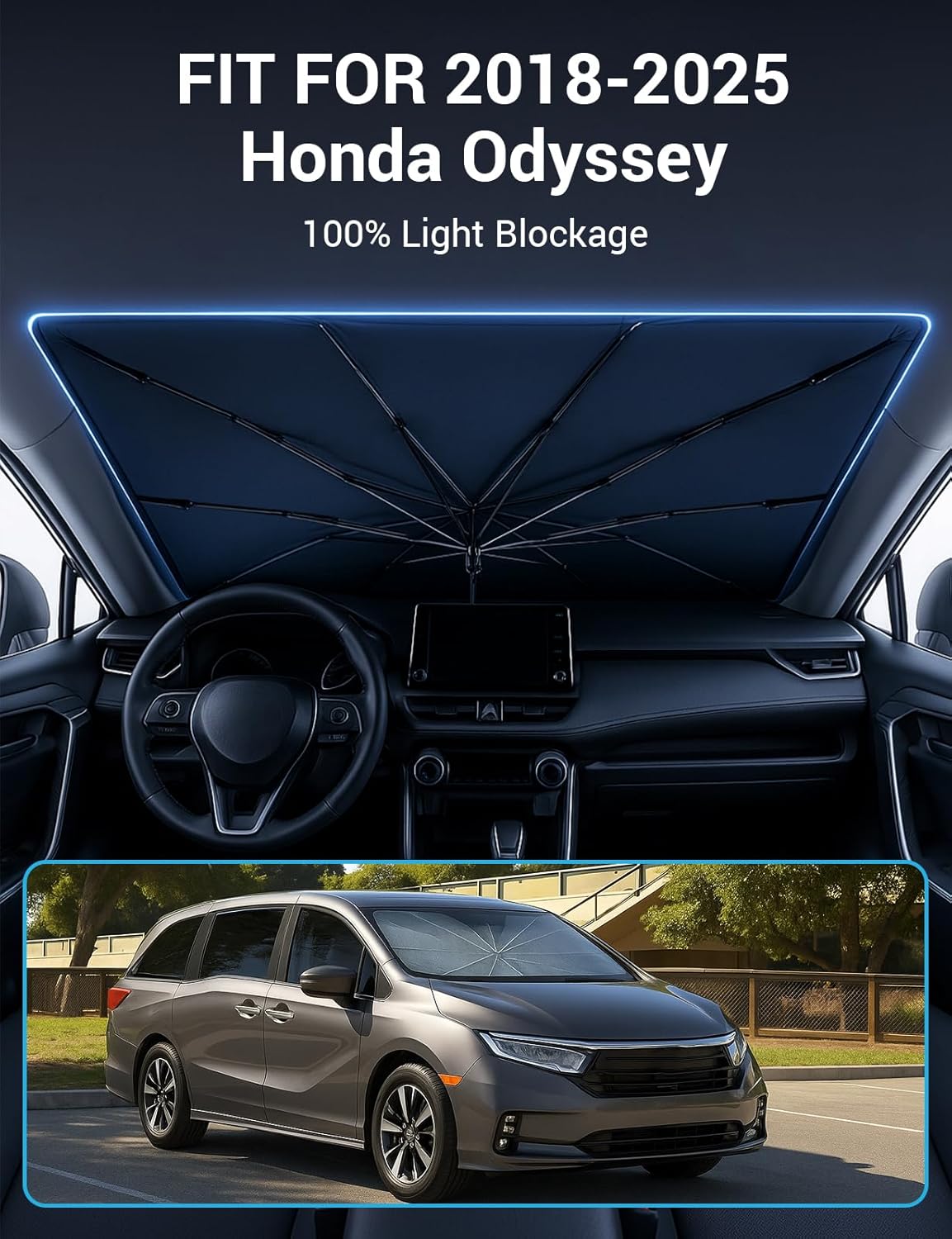 Proadsy Windshield Sun Shade Umbrella for Honda Odyssey 2018-2025 2026 Foldable Car Umbrella Sunshade with Soft TPU Handle Spring Structure Crystal Cooling Material Protect Car from Rays & Heat
