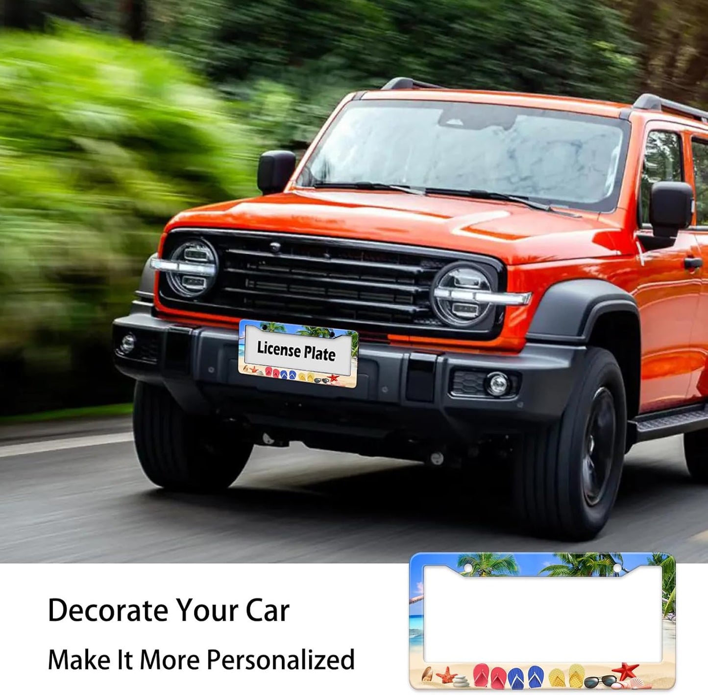 Beach Flip Flops License Plate Frame, Ocean Beach Vacation Scene License Plate Hloder Covers, Metal Aluminum Rustproof Car Accessories for Women Men 2 Holes with Screw Caps