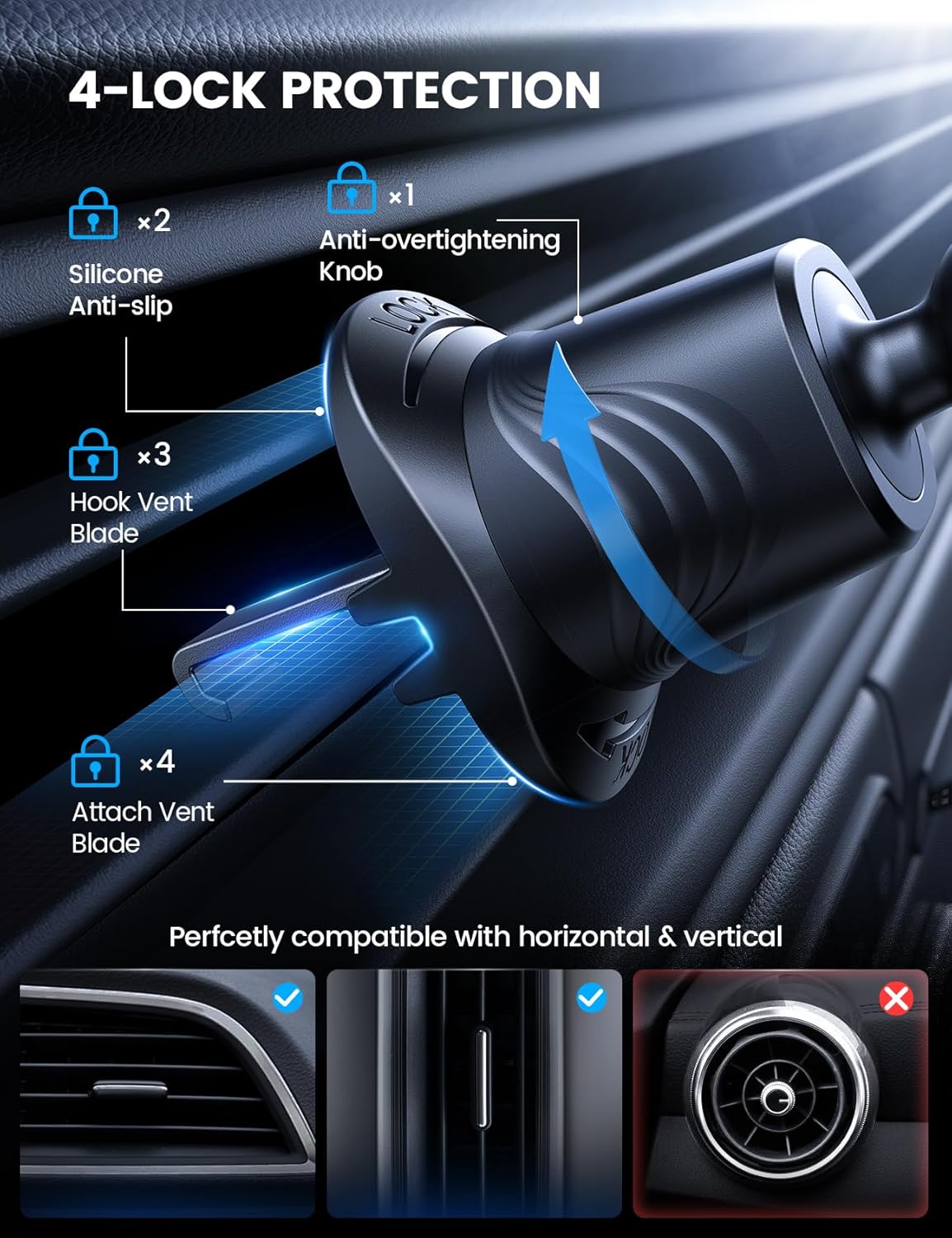 Lamicall Car Phone Holder Mount [3-in-1 Military-Grade Suction Cup] 360° Rotation Phone Holders for Your Car [Metal Hook] Cell Phone Car Mount Dashboard Vent Windshield Smartphone LeatherGrain