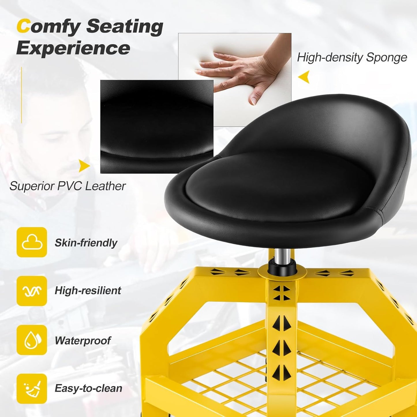 Goplus Rolling Garage Stool, 22.5”-27.5” Adjustable Mechanic Chair with Padded Seat, 330LBS Capacity, Tool Tray, Heavy Duty Creeper Seat, 360° Swivel Shop Stool for Workshop
